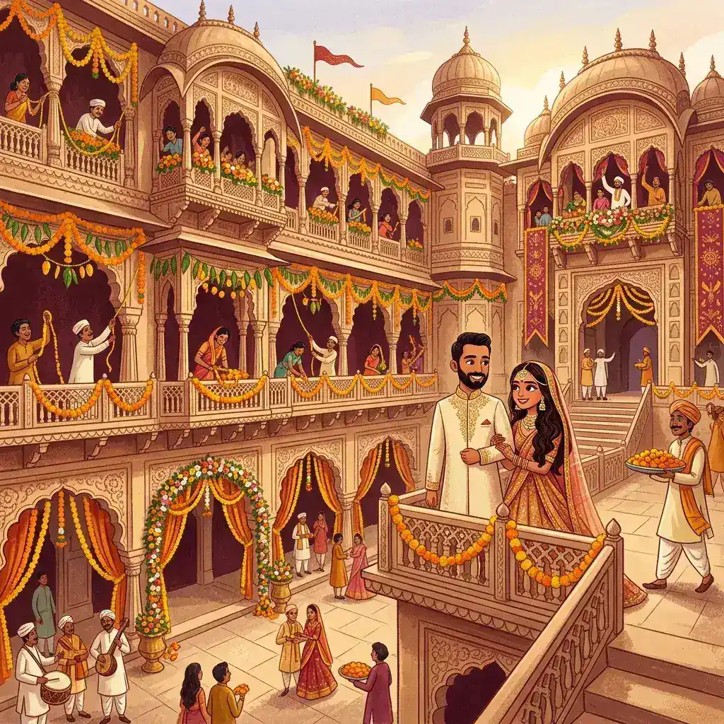 Morning courtyard with garlands of marigold being hung