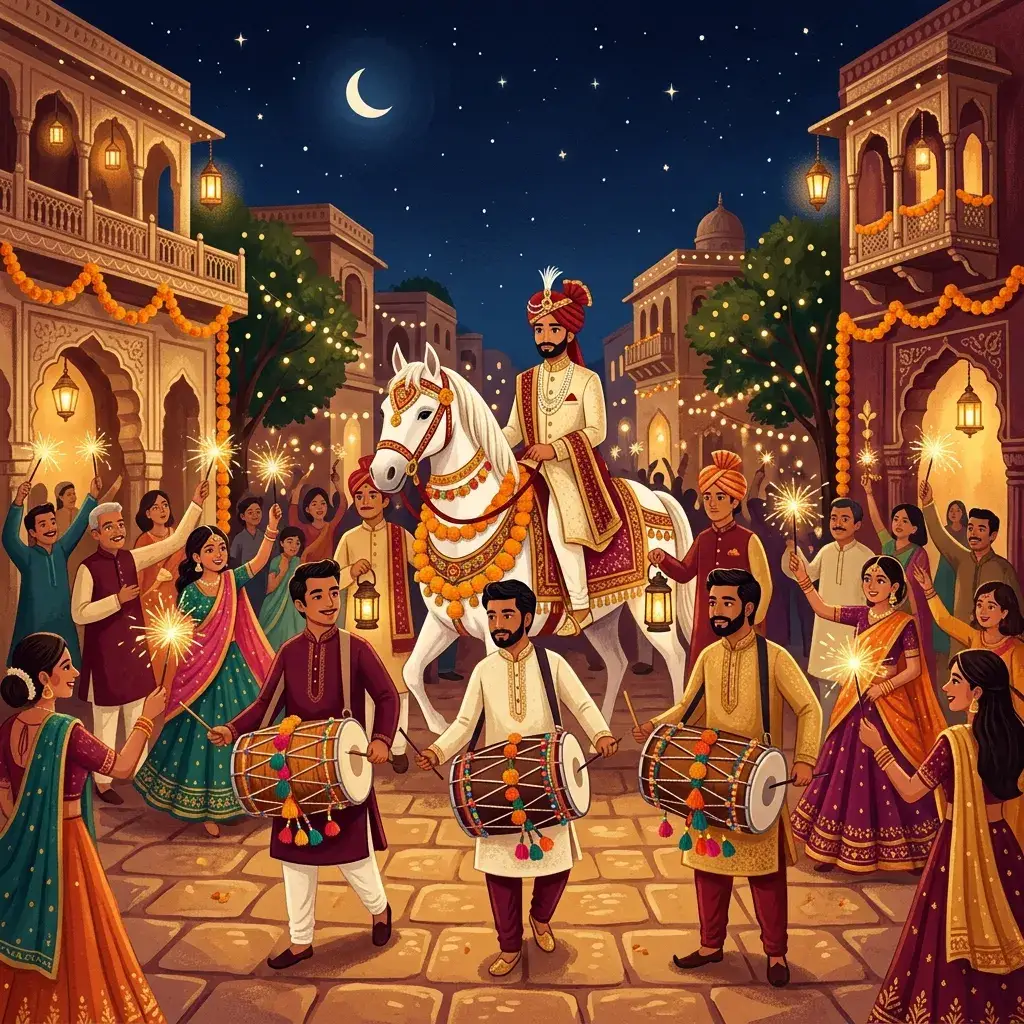 Groom on white mare under navy sky with sparklers and dhol