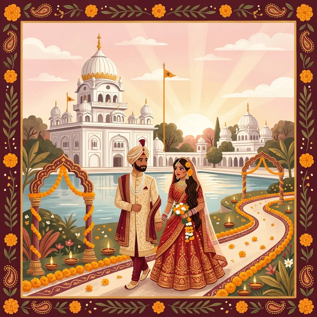 Dawn over the domes of Dashmesh Enclave Gurudwara, ivory sky