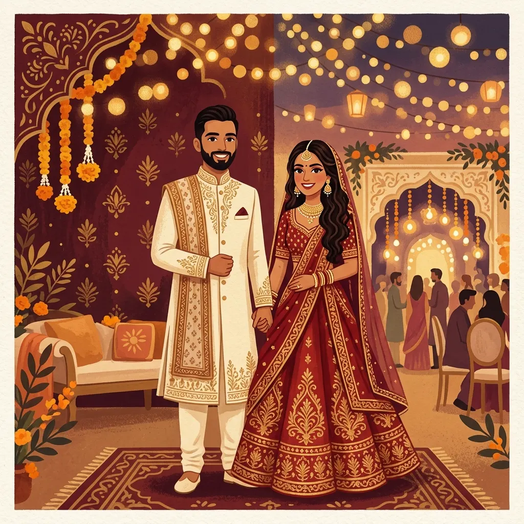Couple in reception dress, golden bokeh background