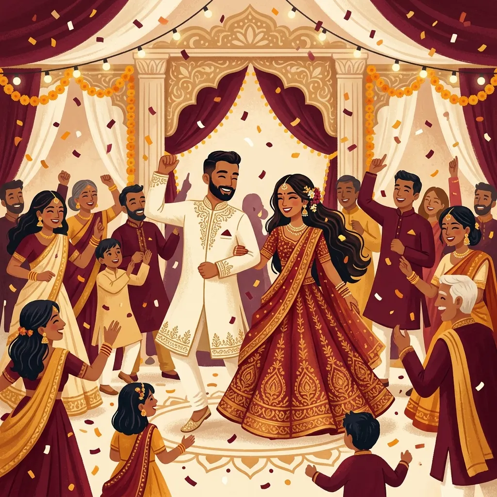 Couple dancing on the floor, lights, confetti